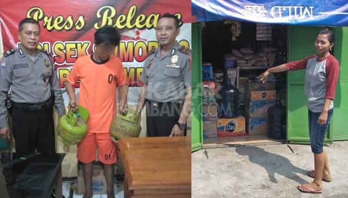 Tersangka pencuri 2 tabung LPG 3 kilogram (jenis melon), saat diamankan di Polsek Sumobito, Jombang.