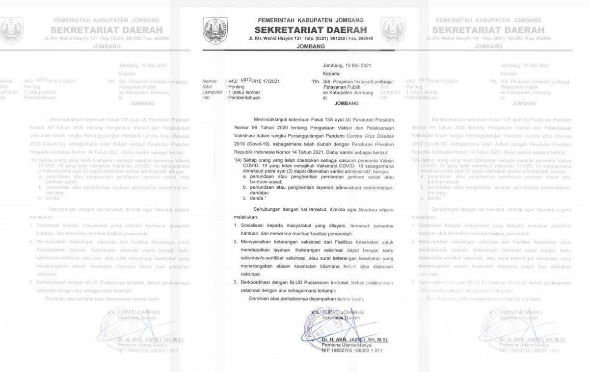 Surat pemberitahuan Pemkab Jombang terkait tindak lanjut sanksi administratif vaksinasi.