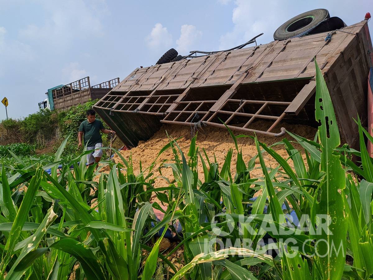 Truk gandeng bermuatan bahan keramik terperosok ke sawah di Mojoagung, Jombang, Kamis (10/6/2021). KabarJombang.com/Itigar Prana/