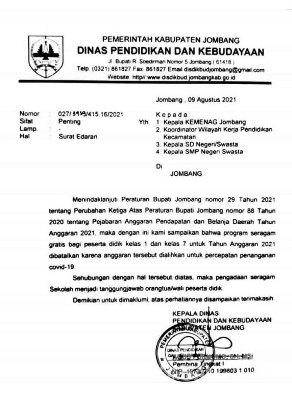 Seragam Gratis, Pemkab Jombang, Jombang, Refocusing, Dindikbud Jombang, DPRD Jombang