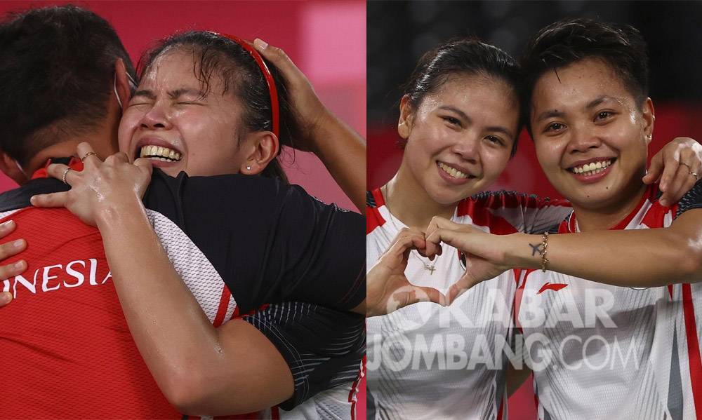 Pasangan ganda putri Indonesia, Greysia Polii/Apriani Rahayu usai meraih emas di Olimpiade Tokyo, Senin (2/8/2021). KabarJombang.com/istimewa/