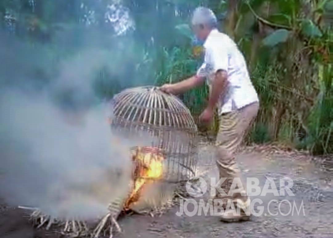 Petugas membakar peralatan judi sabung ayam di Dusun Balongmojo, Desa Gedongombo, Kecamatan Ploso, Kabupaten Jombang.