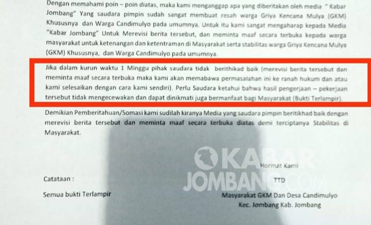 Surat kaleng berisi somasi kepada KabarJombang.com dari oknum yang mengatasnamakan warga GKM Candi Mulyo Jombang.